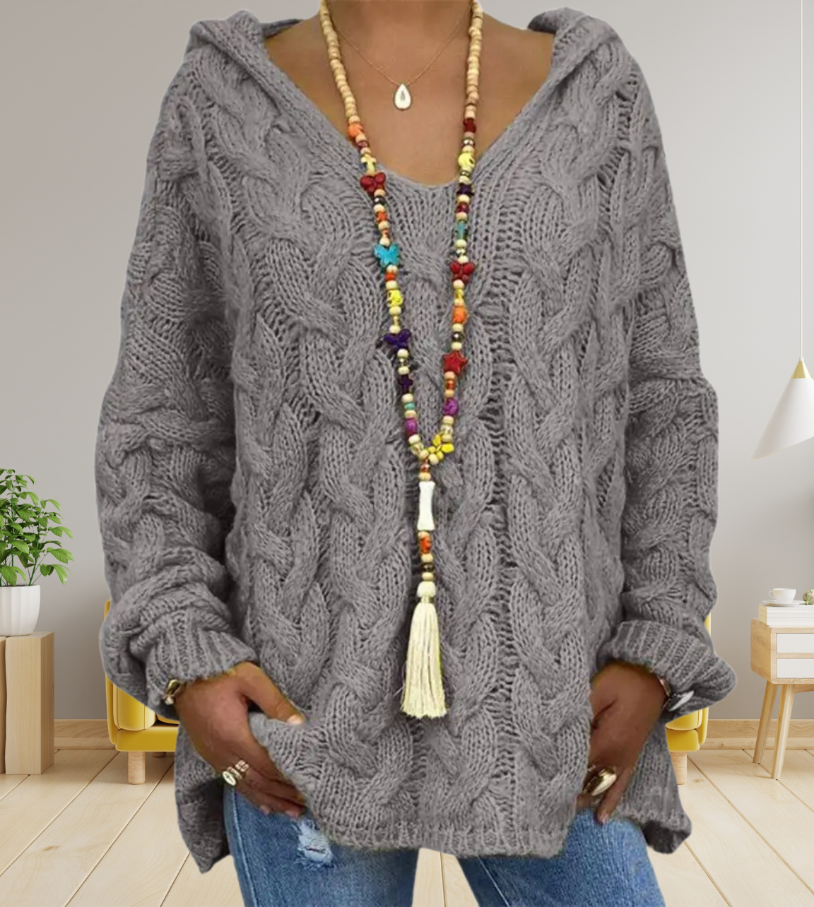 Hooded V-Neck Knitted Sweater